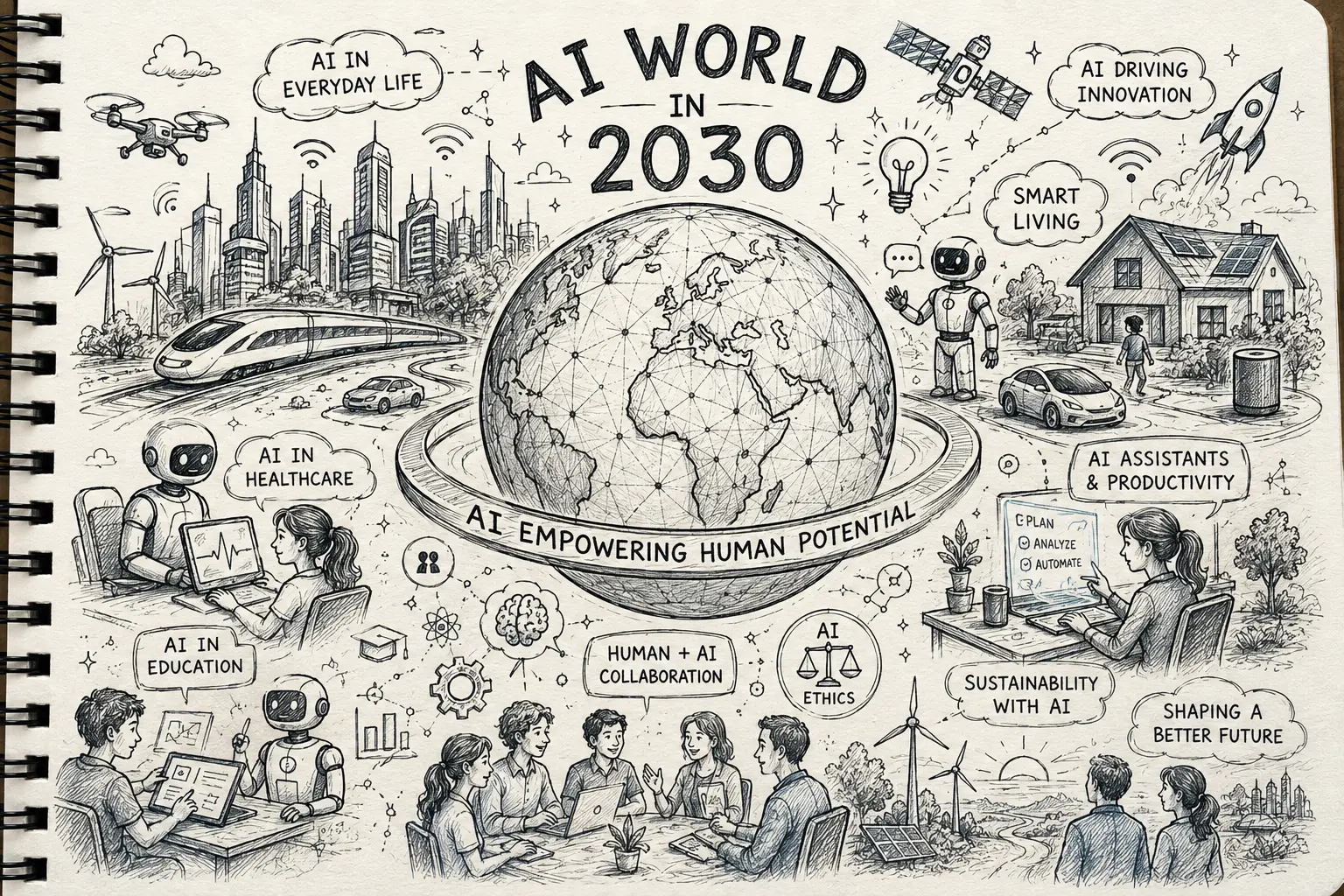 Hand-drawn black and white sketch of an AI world in 2030