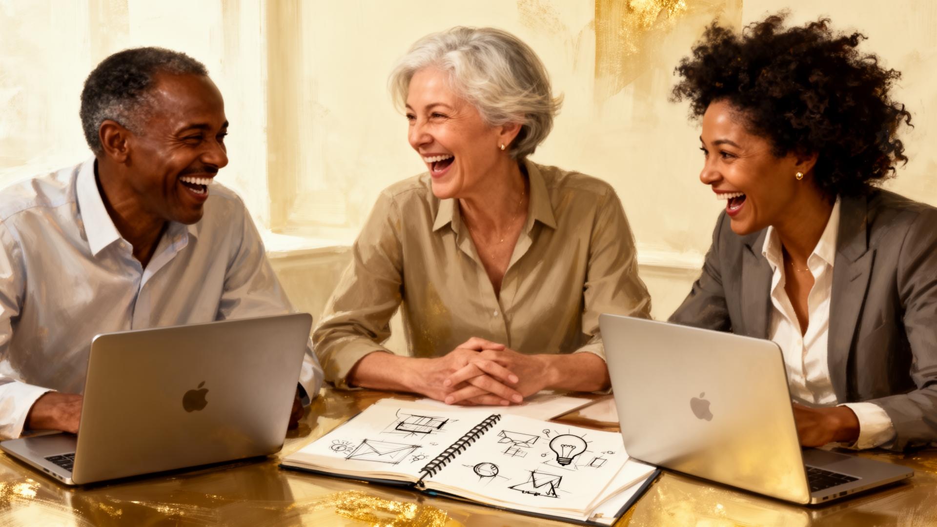 A diverse group collaborating with laptops and sketches