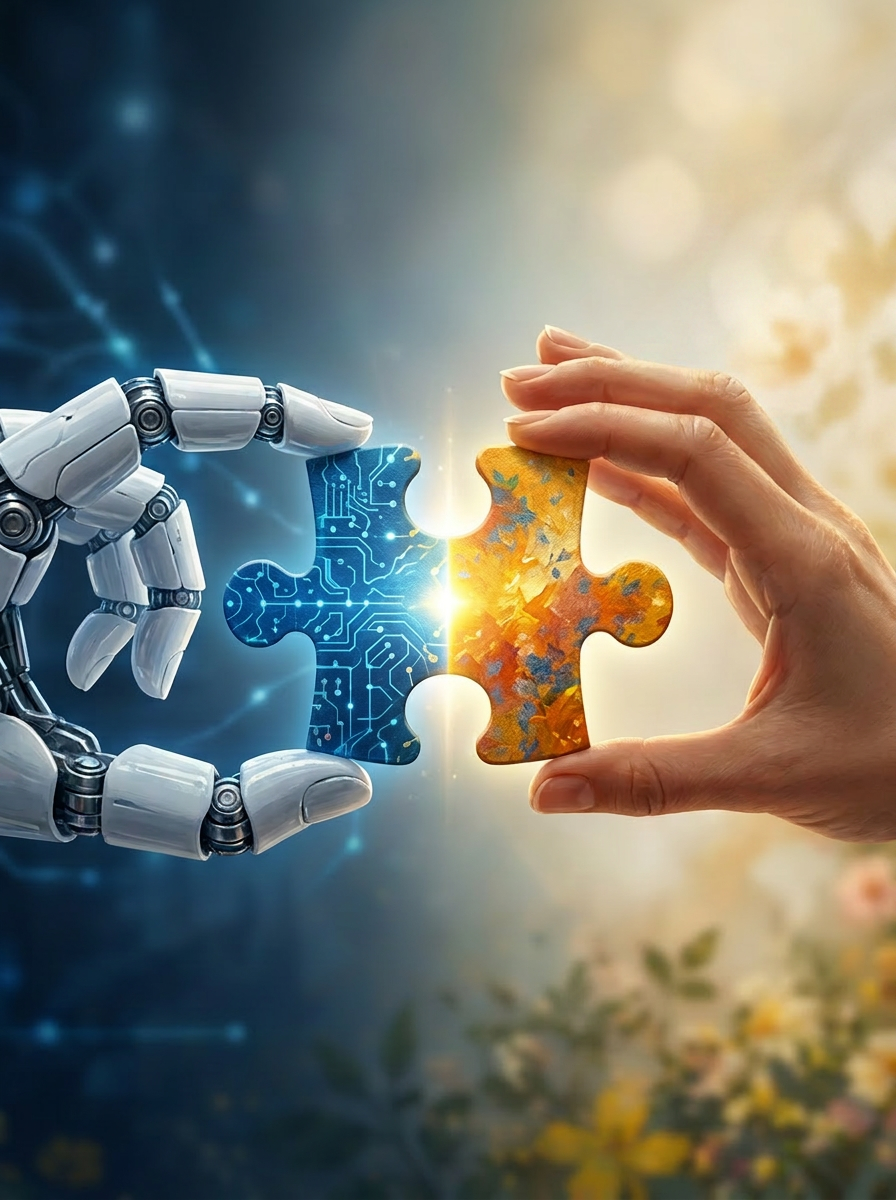 A robotic hand and a human hand holding two halves of a glowing puzzle piece — AI and Creative Intelligence meeting